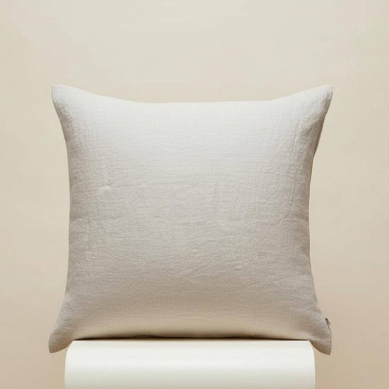 Taie d’oreiller en lin beige présentée seule sur fond clair