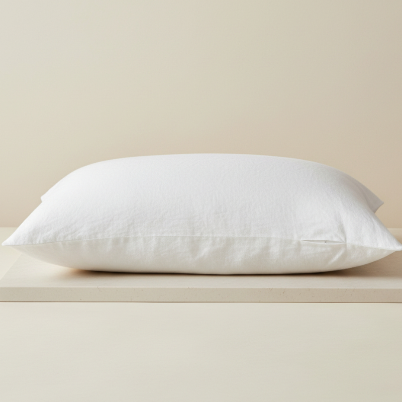 Taie d’oreiller en lin blanc présentée seule sur fond clair