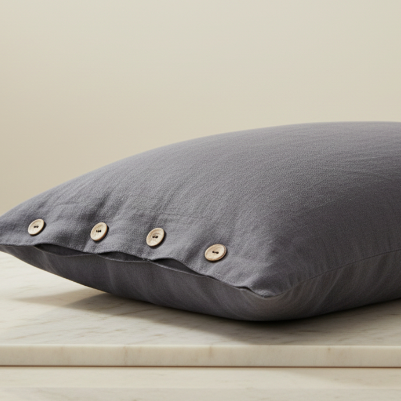 Taie d’oreiller en lin gris foncé présentée seule sur fond clair