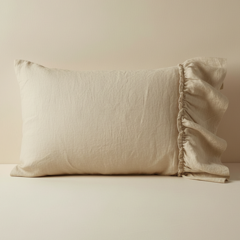 Taie d’oreiller en lin lavé beige présentée seule sur fond clair
