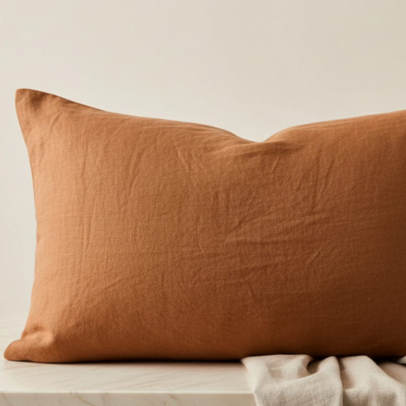 Taie d’oreiller en lin marron présentée seule sur fond clair