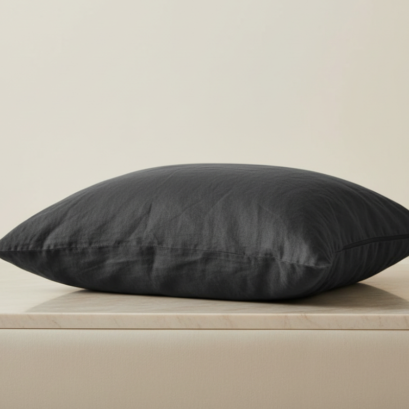 Taie d’oreiller en lin noir présentée seule sur un support en bois clair