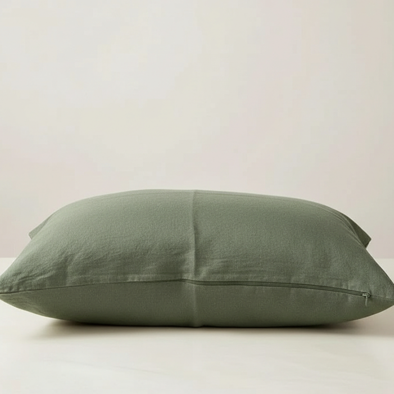 Taie d’oreiller en lin vert avocat présentée seule sur fond clair