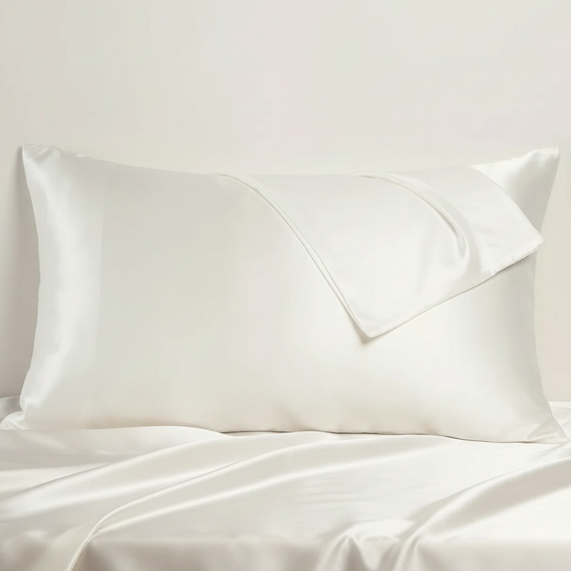 Taie d’oreiller en satin blanc présentée seule sur fond clair