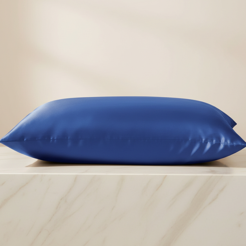 Taie d’oreiller en satin bleu électrique présentée seule sur fond clair