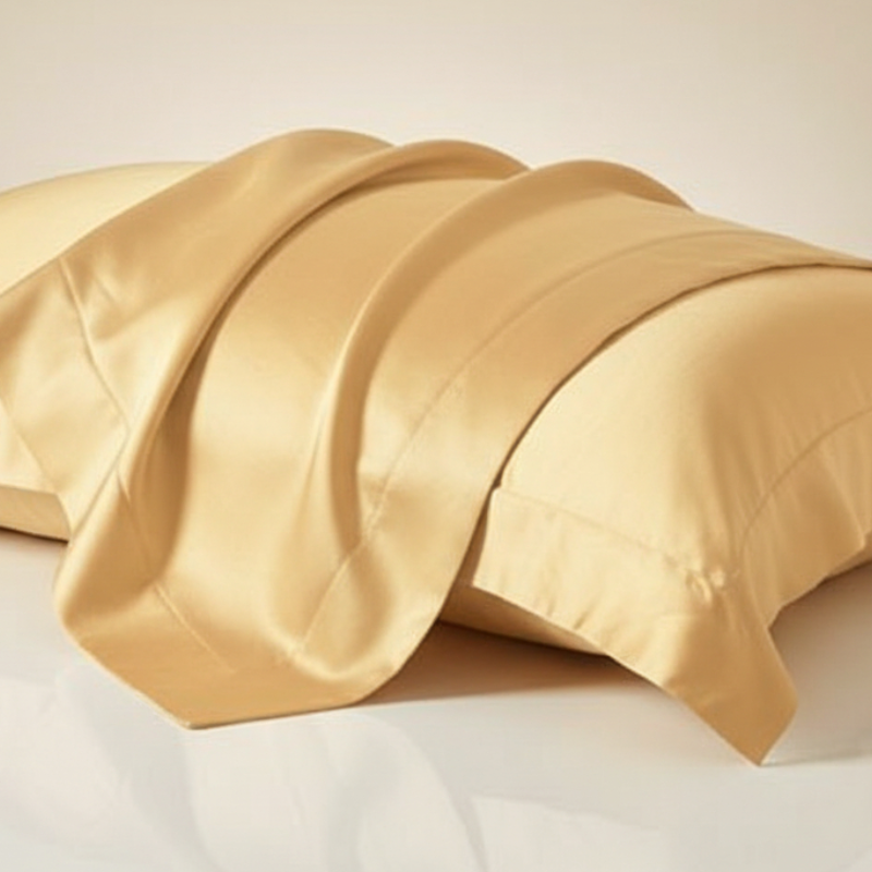 Taie d’oreiller en satin champagne dorée présentée seule sur fond clair