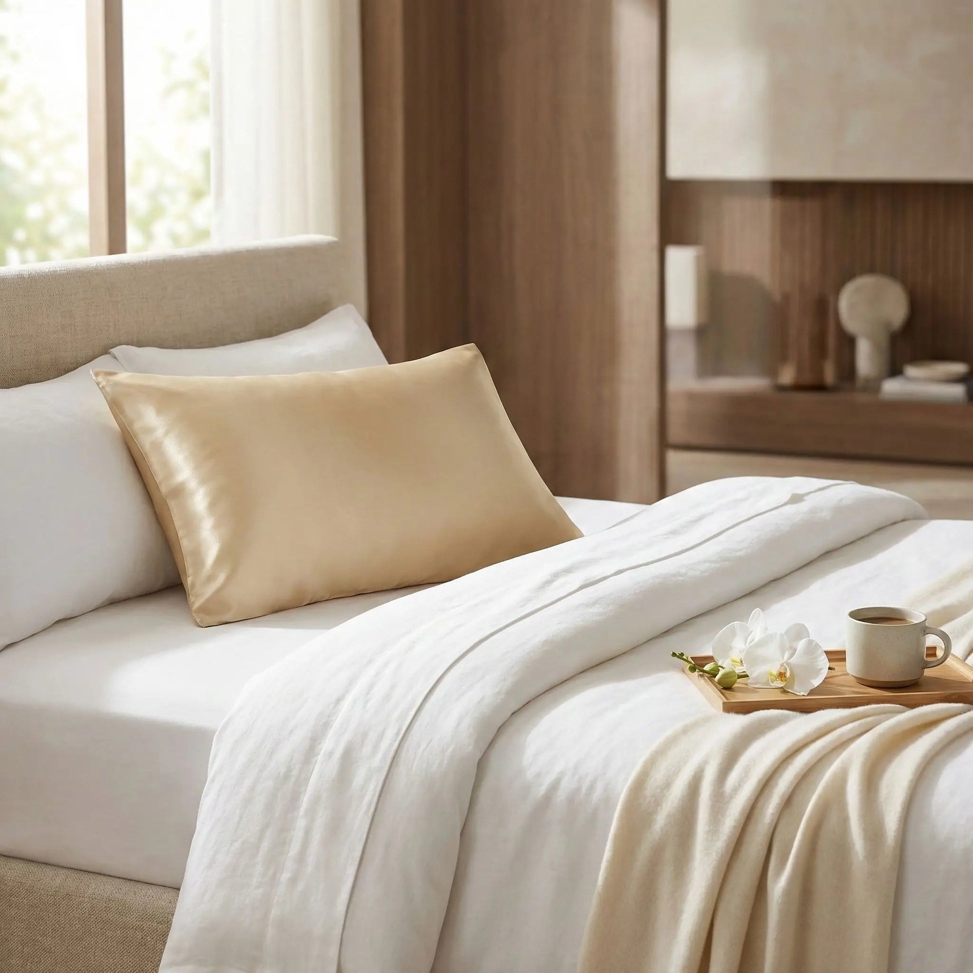 Taies d’oreiller en satin de soie beige posées sur un lit en bois clair avec linge de lit blanc cassé ambiance lumineuse et naturelle