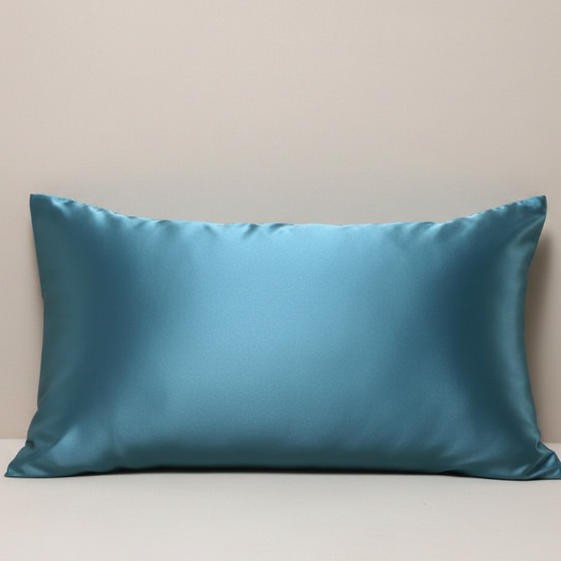 Taie d’oreiller en satin de soie bleu présentée seule sur fond clair