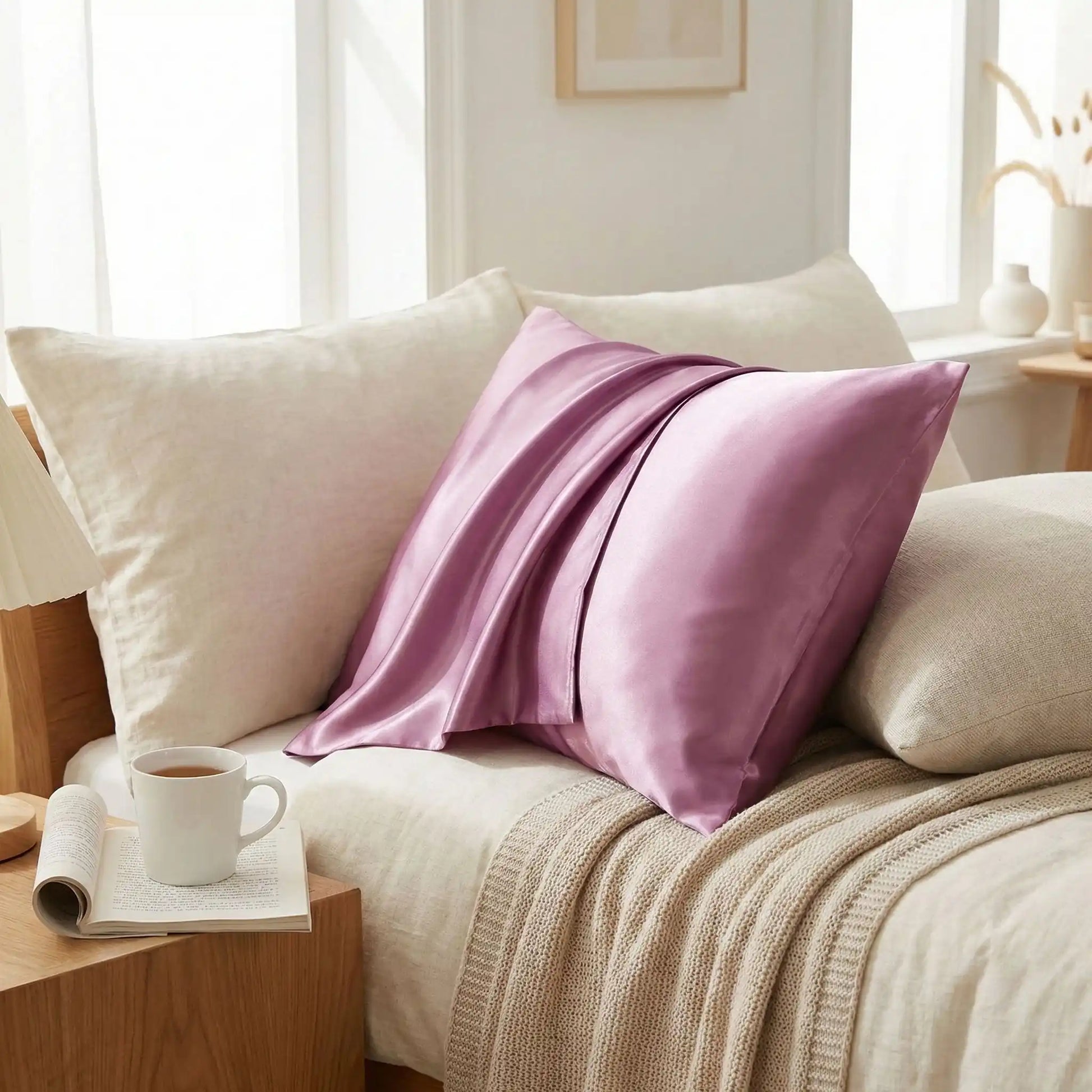 Taies d’oreiller en satin de soie mauve rosée posées sur un lit en bois clair avec linge de lit blanc cassé ambiance lumineuse et naturelle