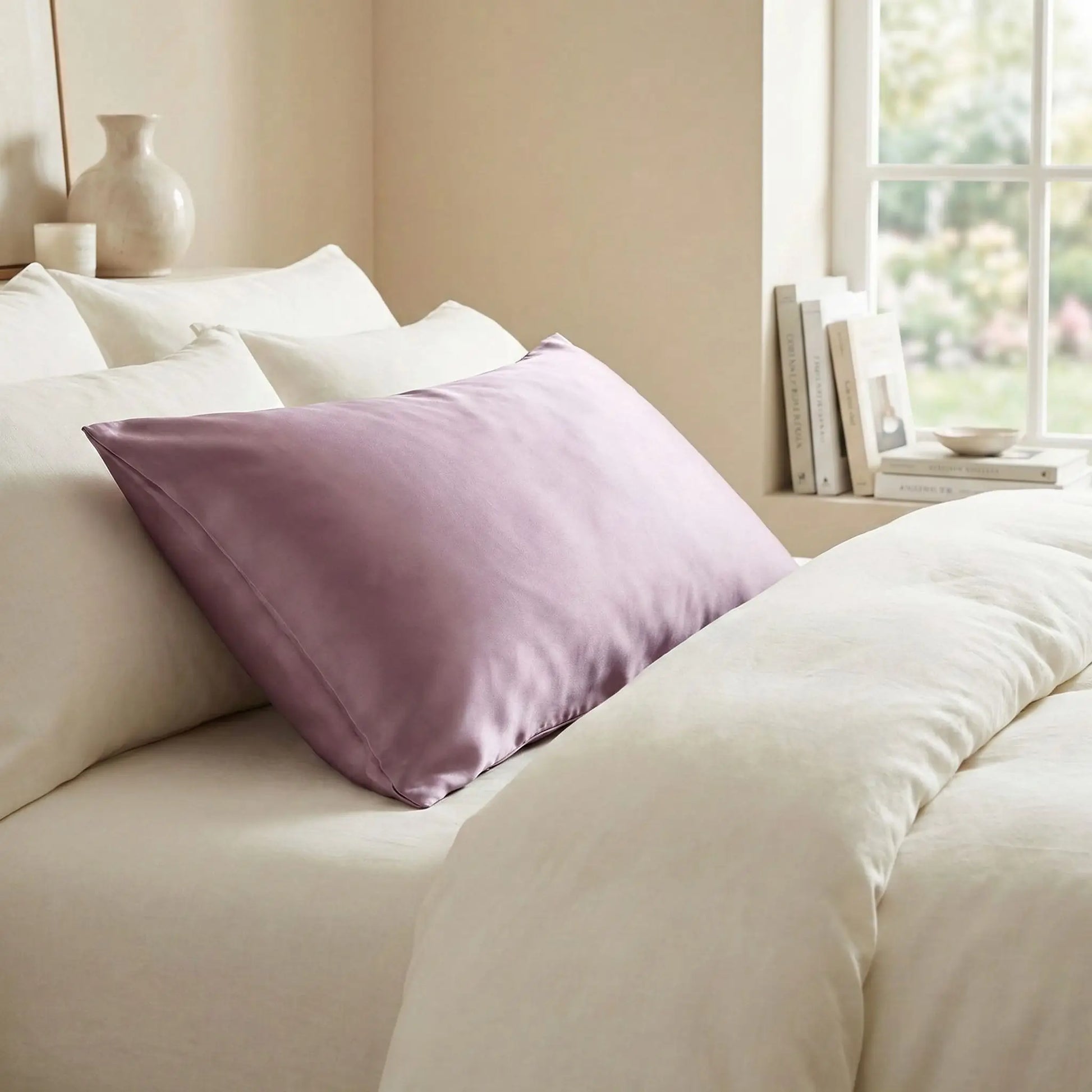 Taies d’oreiller en satin de soie mauve satinée posées sur un lit en bois clair avec linge de lit blanc cassé ambiance lumineuse et naturelle