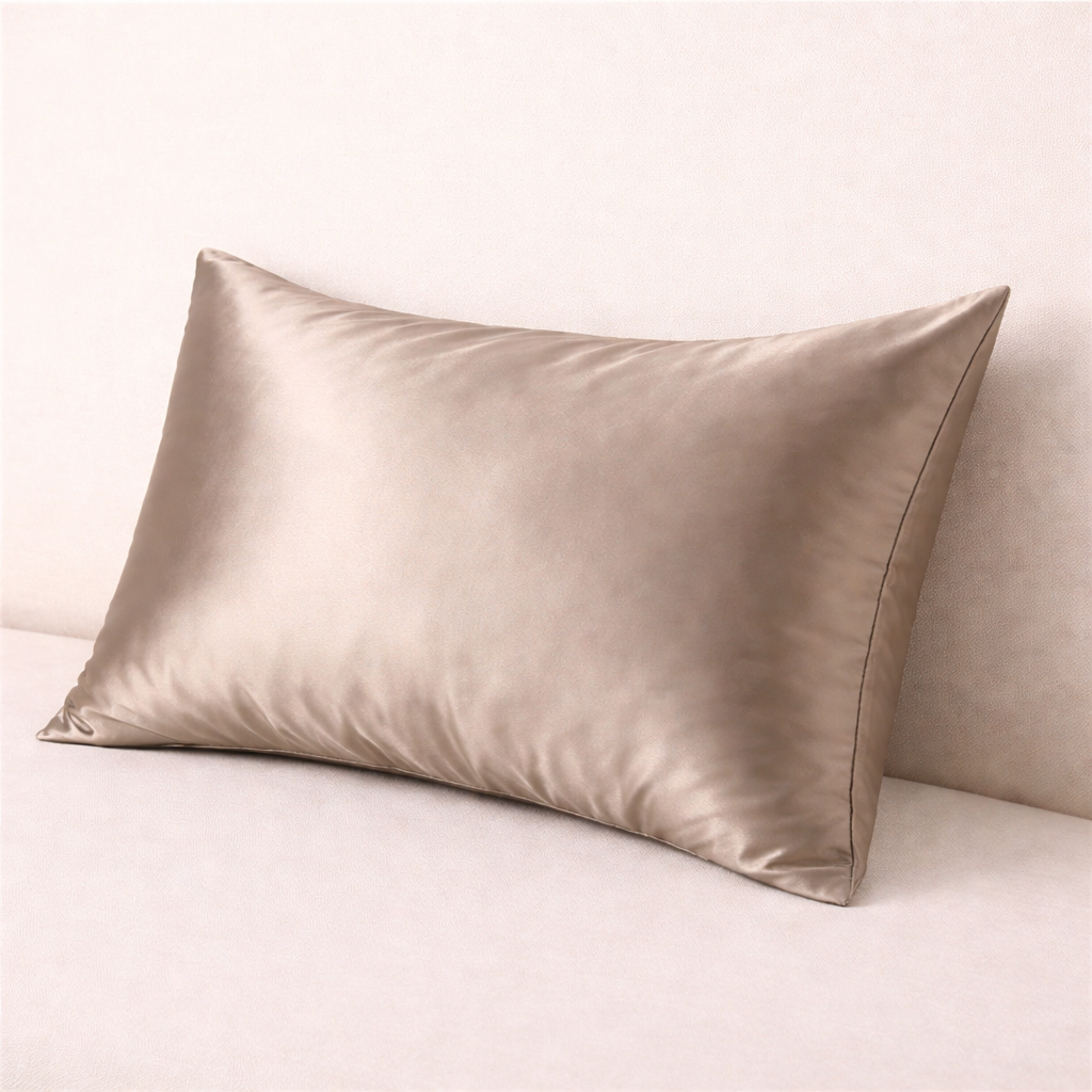 Taie d’oreiller en satin de soie taupe champagne présentée seule sur fond clair