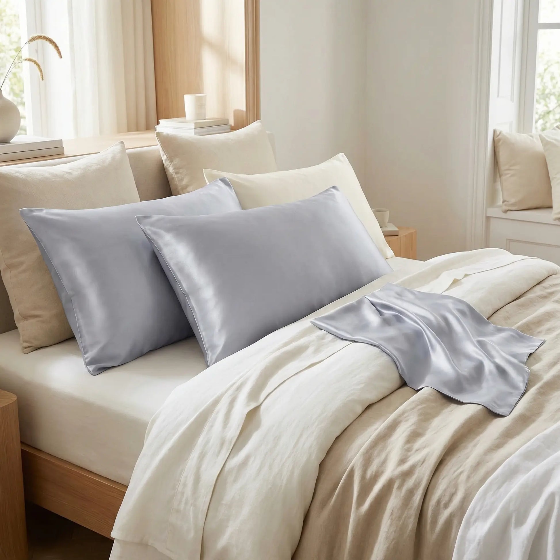 Taie d’oreiller en satin gris clair posée sur un lit en bois clair avec linge de lit blanc cassé, ambiance douce et lumineuse