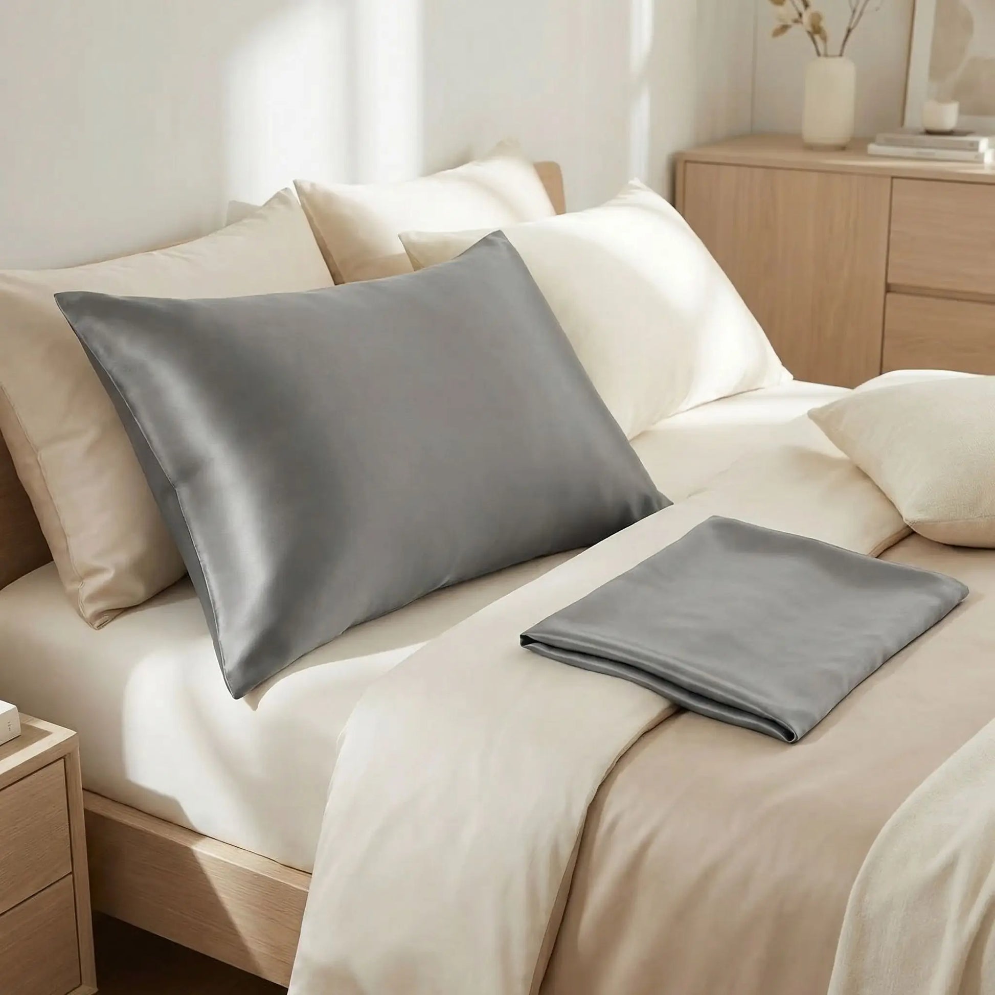 Taie d’oreiller en satin gris foncé posée sur un lit élégant avec linge de lit clair contraste raffiné et ambiance contemporaine