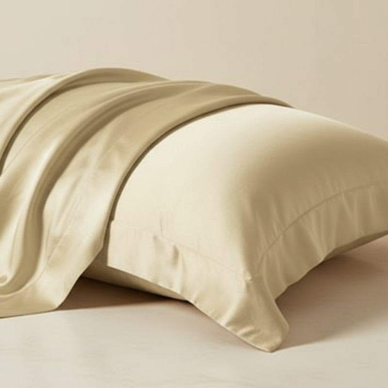 Taie d’oreiller en satin marron clair présentée seule sur fond clair