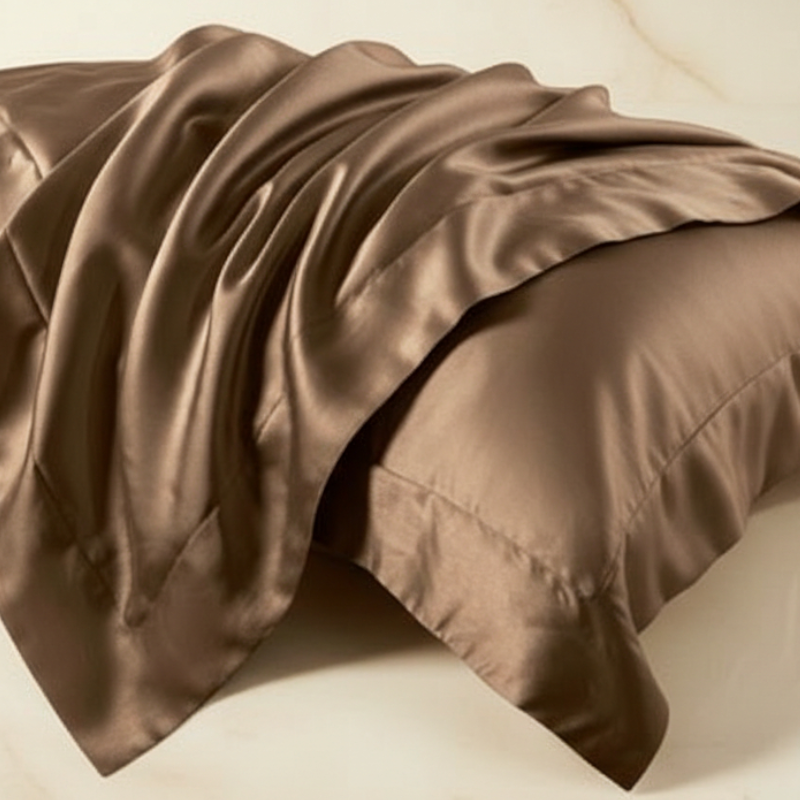 Taies d’oreiller en satin marron posées sur un lit en bois clair