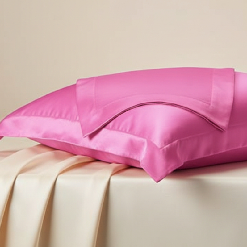 Taie d’oreiller en satin rose magenta présentée seule sur fond clair