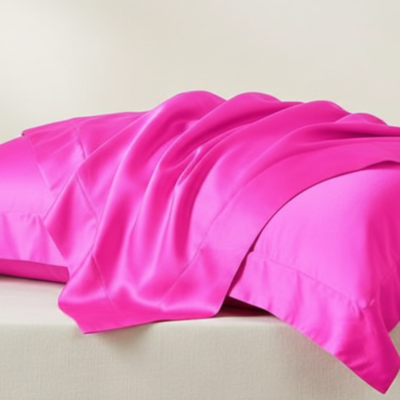 Taie d’oreiller en satin rose vif présentée seule sur fond clair