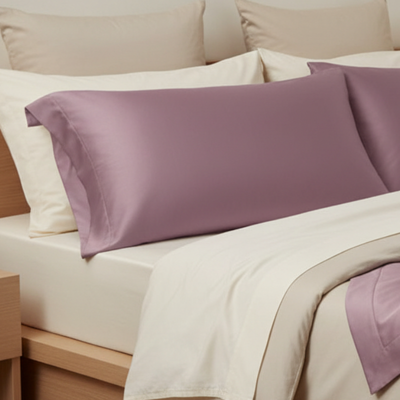 Taies d’oreiller en satin violet poudrée posées sur un lit en bois clair avec linge de lit blanc cassé ambiance lumineuse et naturelle