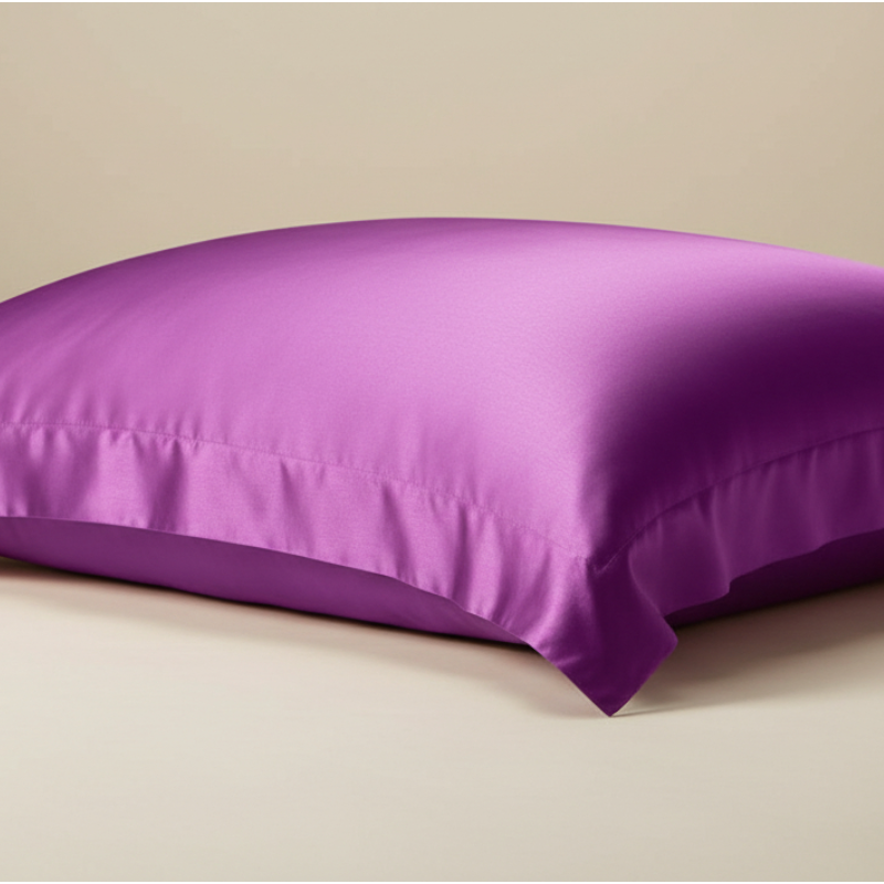 Taie d’oreiller en satin violet vif présentée seule sur fond clair