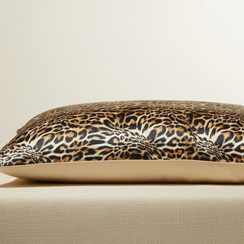 Taie d’oreiller en soie à motif ambre sauvage présentée seule sur fond clair