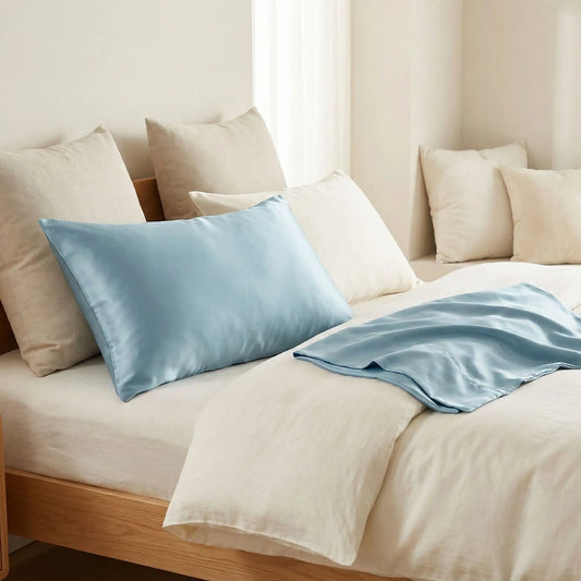 Taie d’oreiller en soie bleu ciel posées sur un lit en bois clair avec linge de lit blanc cassé ambiance lumineuse et naturelle