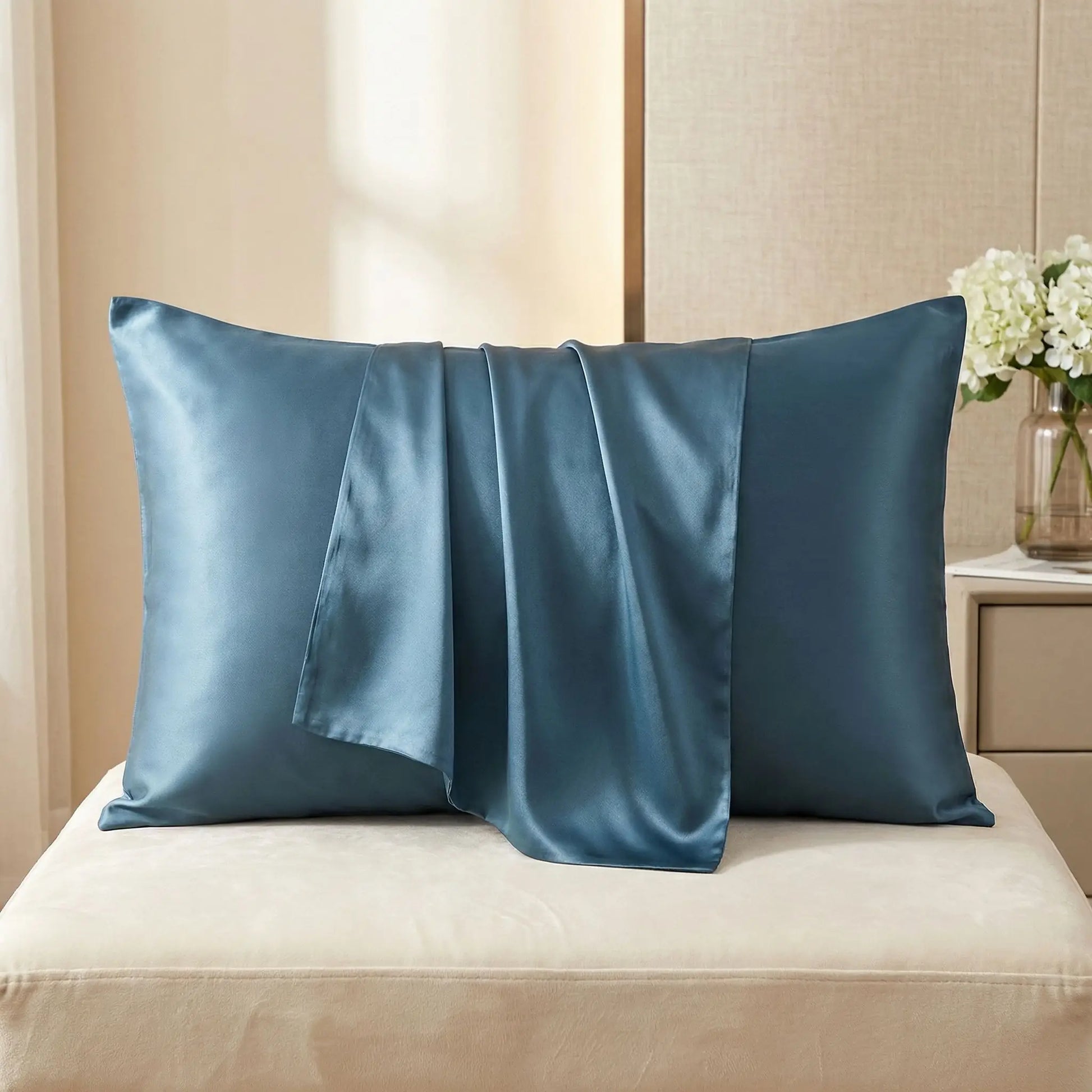 Taie d’oreiller en soie bleu marine présentée seule sur fond clair