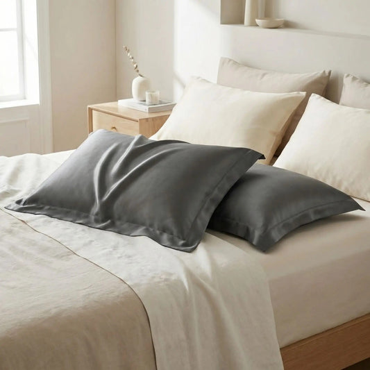 Taie d’oreiller en soie de mûrier 30 mommes gris foncé posée sur un lit en bois clair avec linge de lit clair, ambiance élégante et sophistiquée