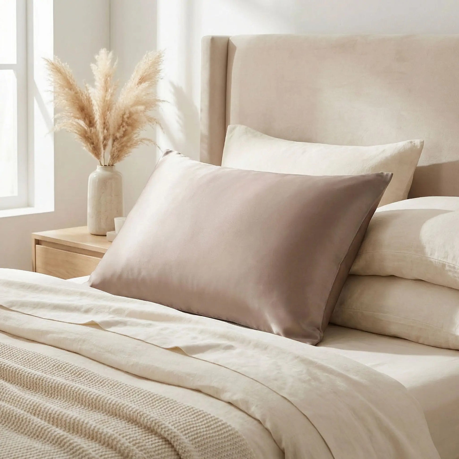 Taie d’oreiller en soie de mûrier taupe posées sur un lit en bois clair avec linge de lit blanc cassé ambiance lumineuse et naturelle