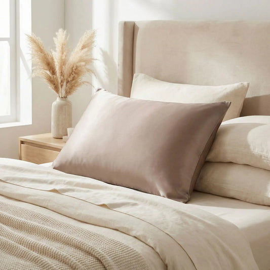 Taie d’oreiller en soie de mûrier taupe posées sur un lit en bois clair avec linge de lit blanc cassé ambiance lumineuse et naturelle