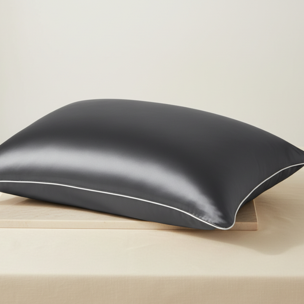 Taie d’oreiller en soie de mûrier 19 momme gris foncé à bords blancs présentée seule sur fond clair