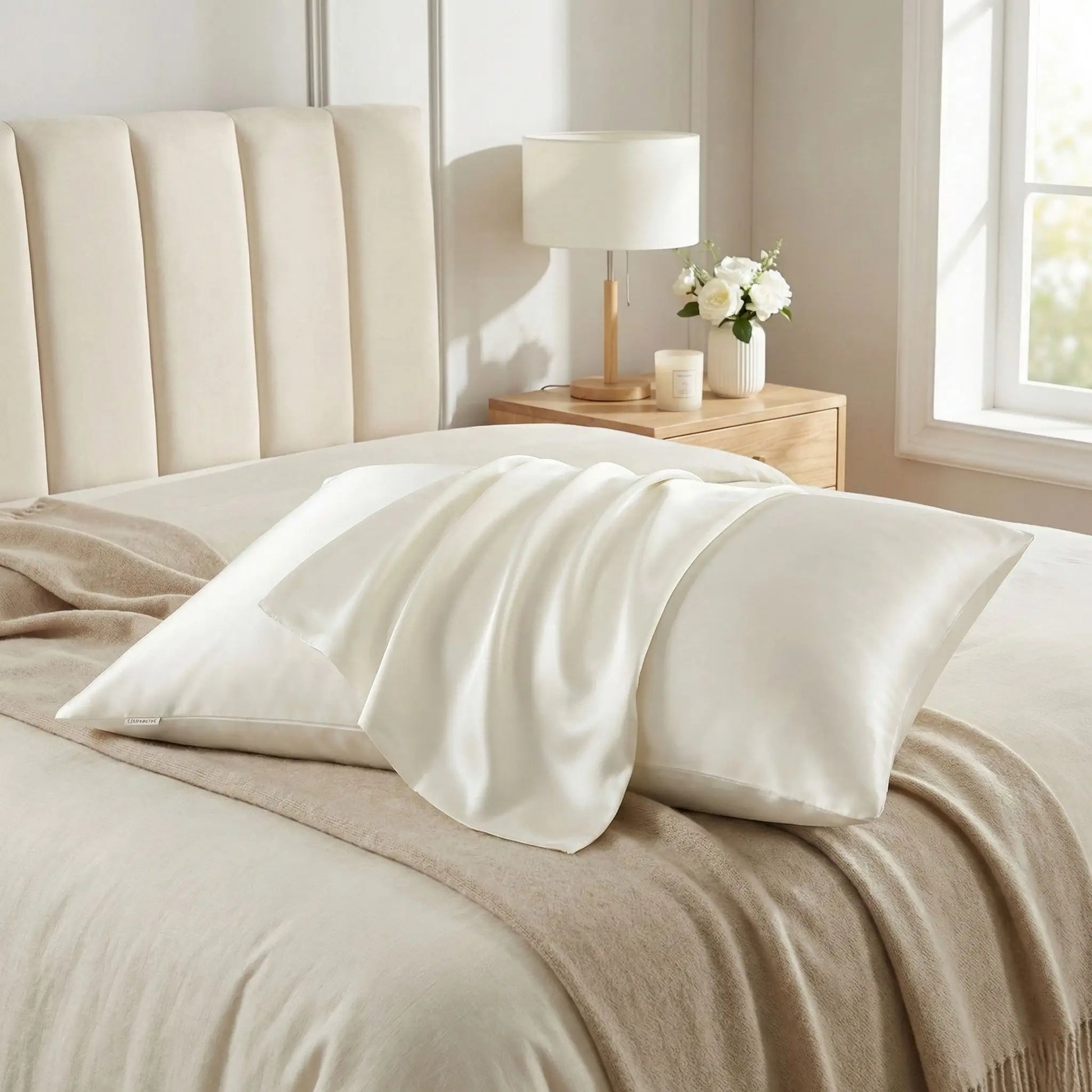 Taie d’oreiller en soie de mûrier 22 mommes blanche présentée seule sur un lit