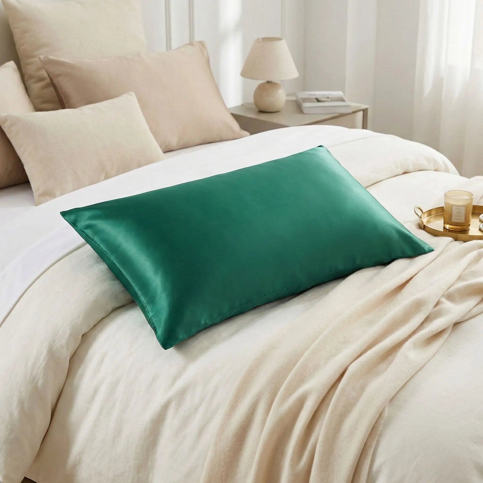 Taie d’oreiller en soie de mûrier 22 mommes vert émeraude présentée seule sur un lit