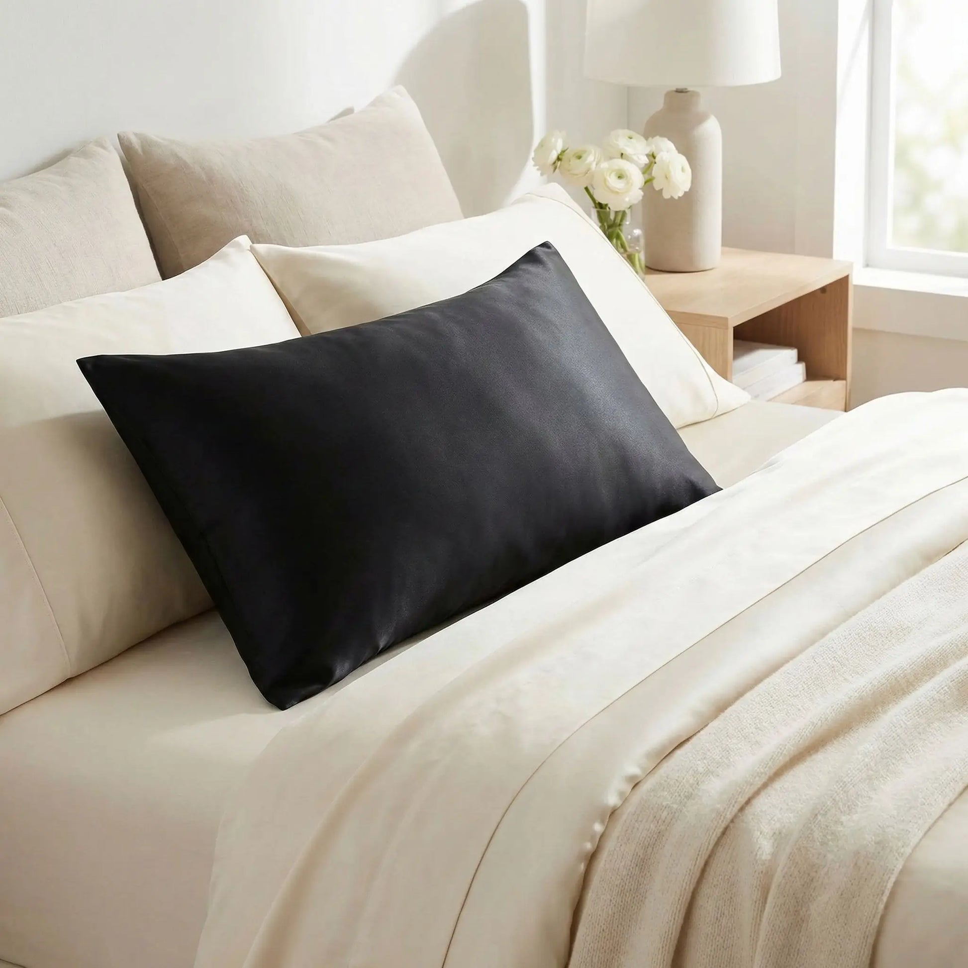 Taie d’oreiller en soie de mûrier 25 mommes noire présentée seule sur un lit