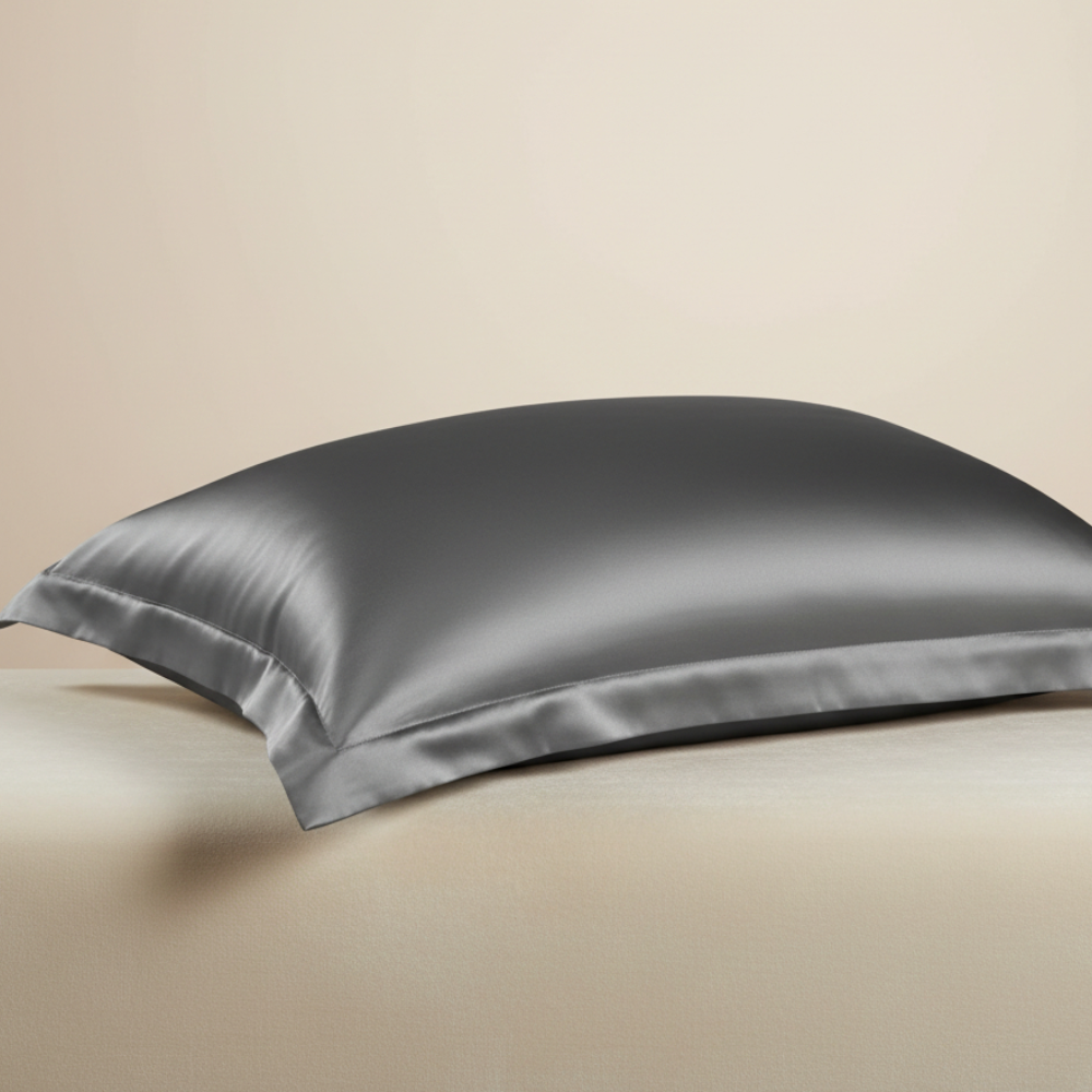 Taie d’oreiller en soie de mûrier 30 mommes gris foncé présentée seule sur fond clair