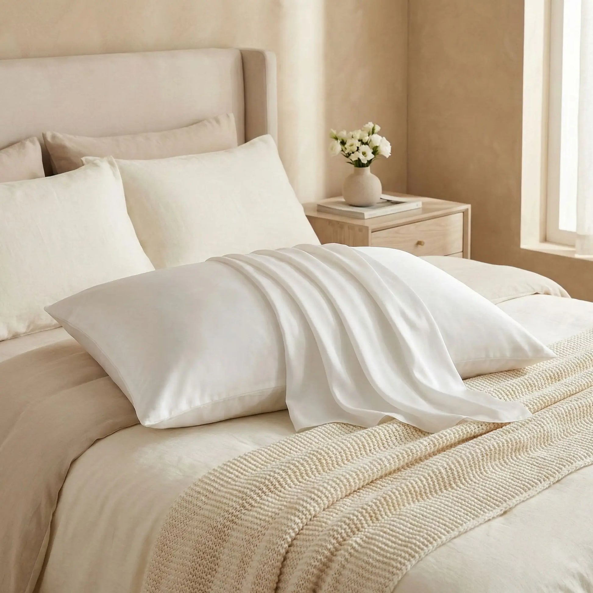 Taie d’oreiller en soie de mûrier blanche présentée seule sur lit