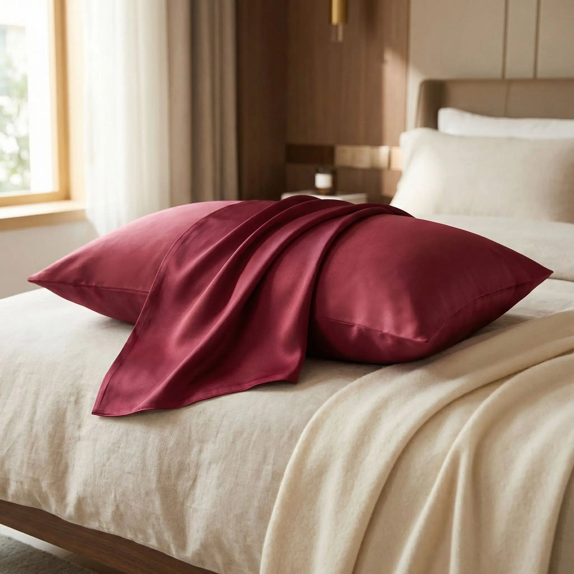 Taie d’oreiller en soie de mûrier bordeaux présentée sur un lit