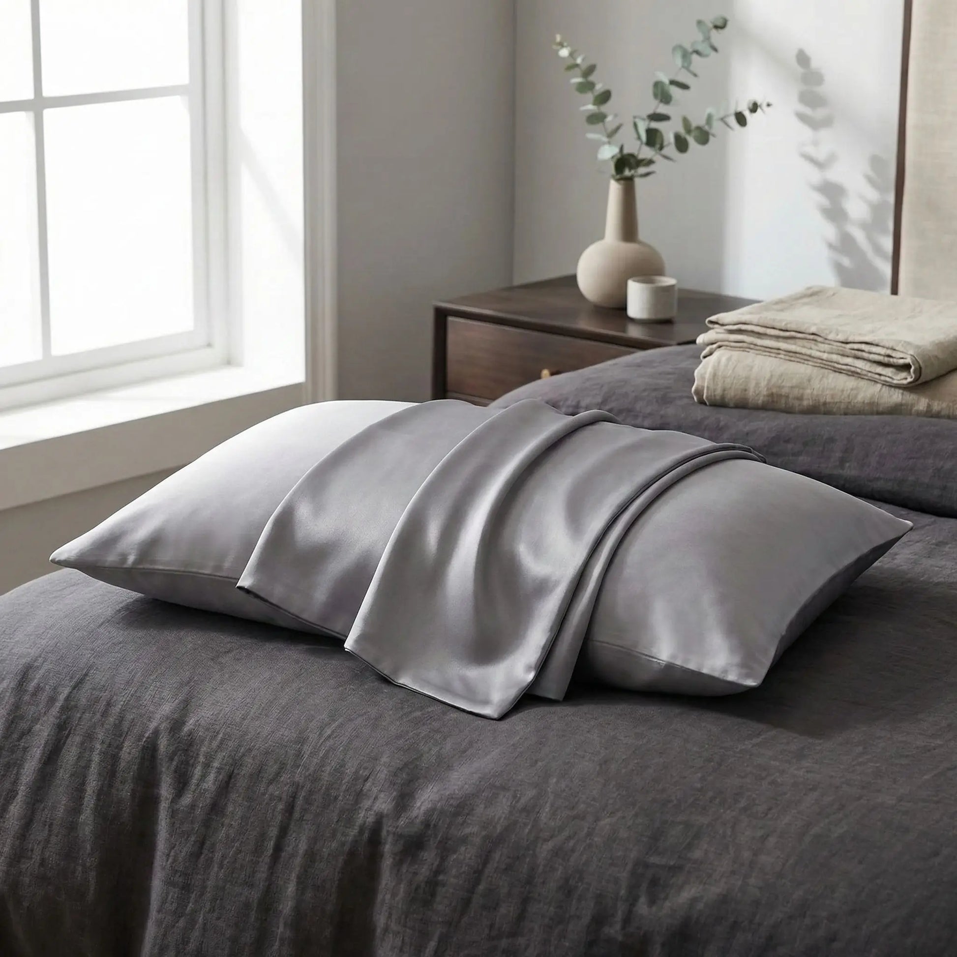 Taie d’oreiller en soie grise présentée seule sur lit gris