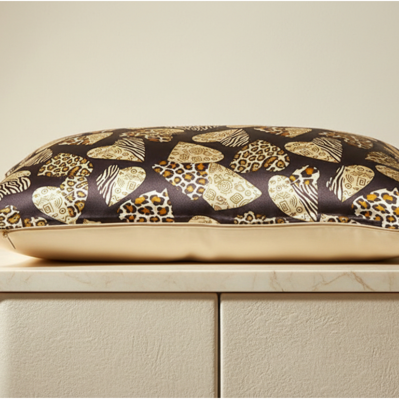 Taie d’oreiller en soie style léopard cœur présentée seule sur fond clair