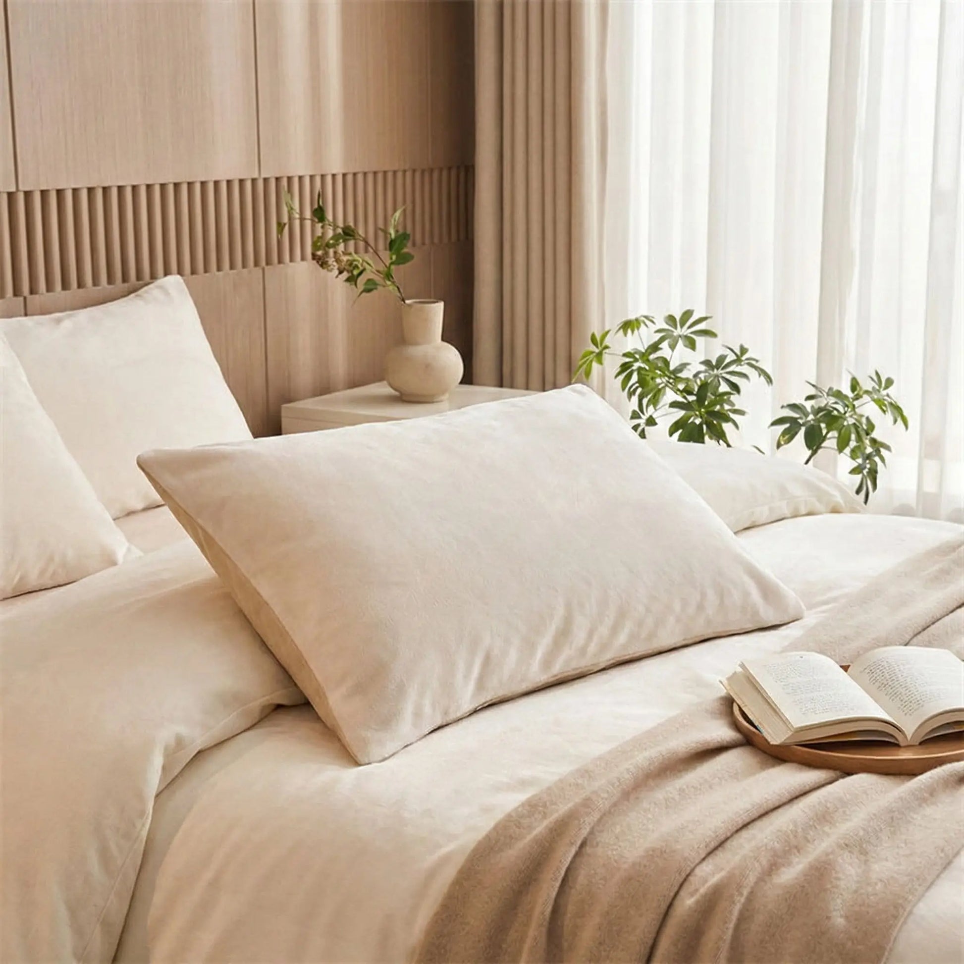 Taie d’oreiller en velours gris clair présentée seule sur un lit, texture veloutée et finition soignée