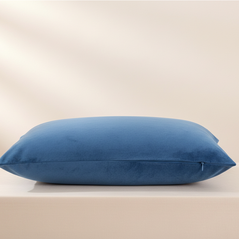 Taie d’oreiller en velours bleue présentée seule sur fond clair