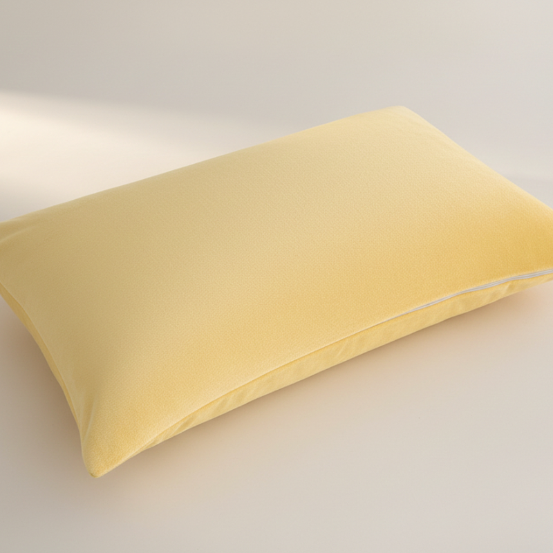 Taie d’oreiller en velours jaune présentée seule sur fond clair