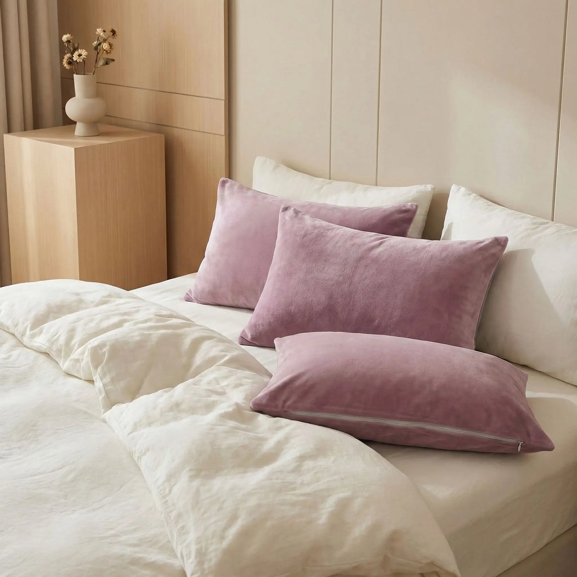 Taie d’oreiller en velours mauve clair posée sur un lit en bois clair avec linge de lit ivoire, ambiance douce et élégante