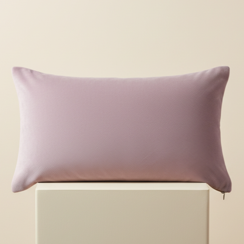 Taie d’oreiller en velours mauve clair présentée seule sur fond clair, texture veloutée et finition soignée