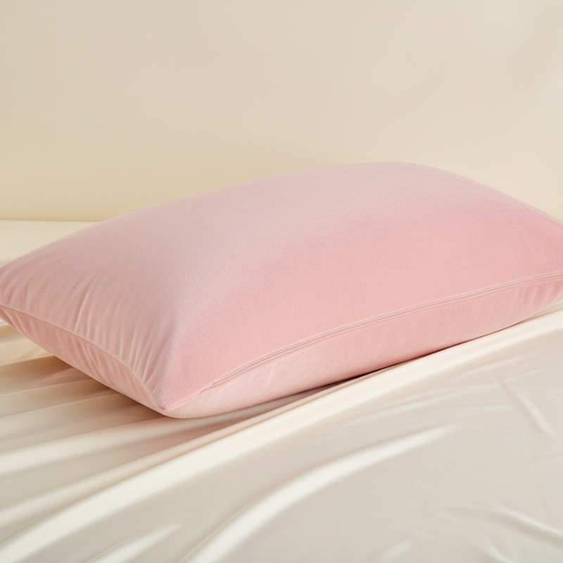 Taie d’oreiller en velours rose présentée seule sur fond clair