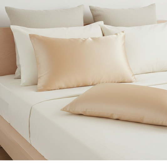 Taies d’oreiller en soie de mûrier beige dorée posées sur un lit en bois clair avec linge de lit blanc cassé, ambiance lumineuse et naturelle