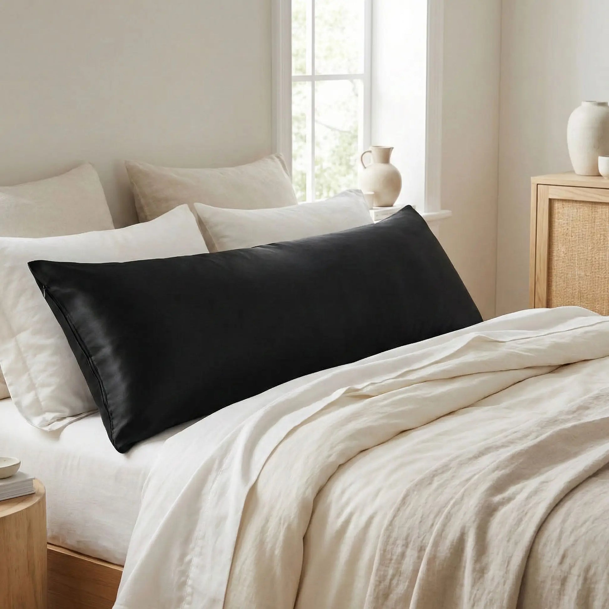 Taie de traversin en soie de mûrier noires posées sur un lit en bois clair avec linge de lit blanc cassé