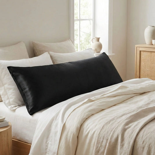 Taie de traversin en soie de mûrier noires posées sur un lit en bois clair avec linge de lit blanc cassé