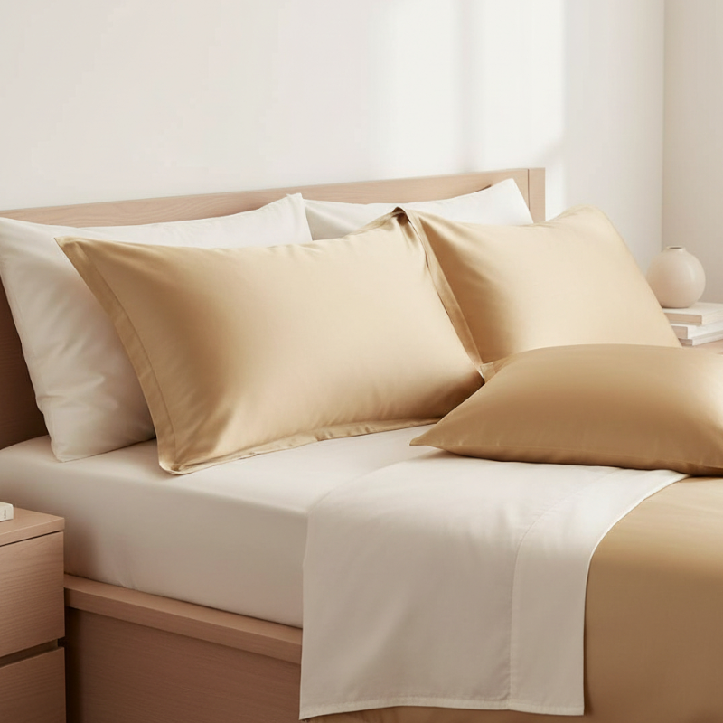 Taies d’oreiller INJOXFORD en soie de mûrier 30 mommes beige posées sur un lit en bois clair avec linge de lit blanc cassé ambiance lumineuse et naturelle