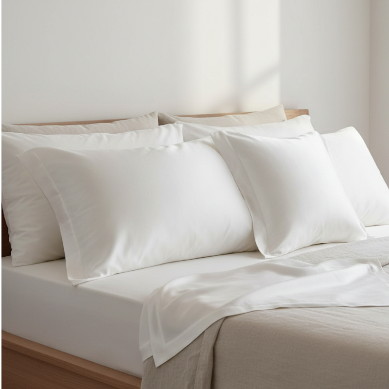 Taies d’oreiller INJOXFORD en soie de mûrier 30 mommes blanches posées sur un lit en bois clair avec linge de lit blanc cassé ambiance lumineuse et naturelle