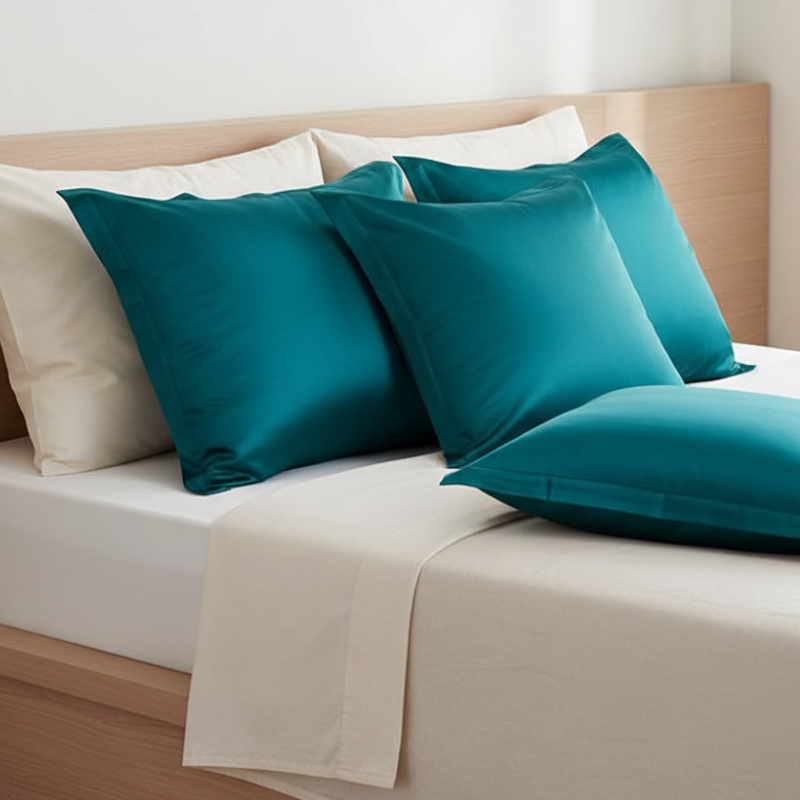 Taies d’oreiller INJOXFORD en soie de mûrier 30 mommes bleu canard posées sur un lit en bois clair avec linge de lit blanc cassé ambiance lumineuse et naturelle